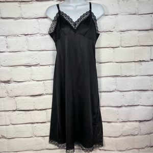 Black Nylon Slip SZ M Lace Trim Adjustable Straps long Dress Rom-Com Y2K